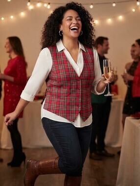KGR Red Tartan Plaid Vest Plus Size 3X Darted Fitted Waistcoat Adjustable Back